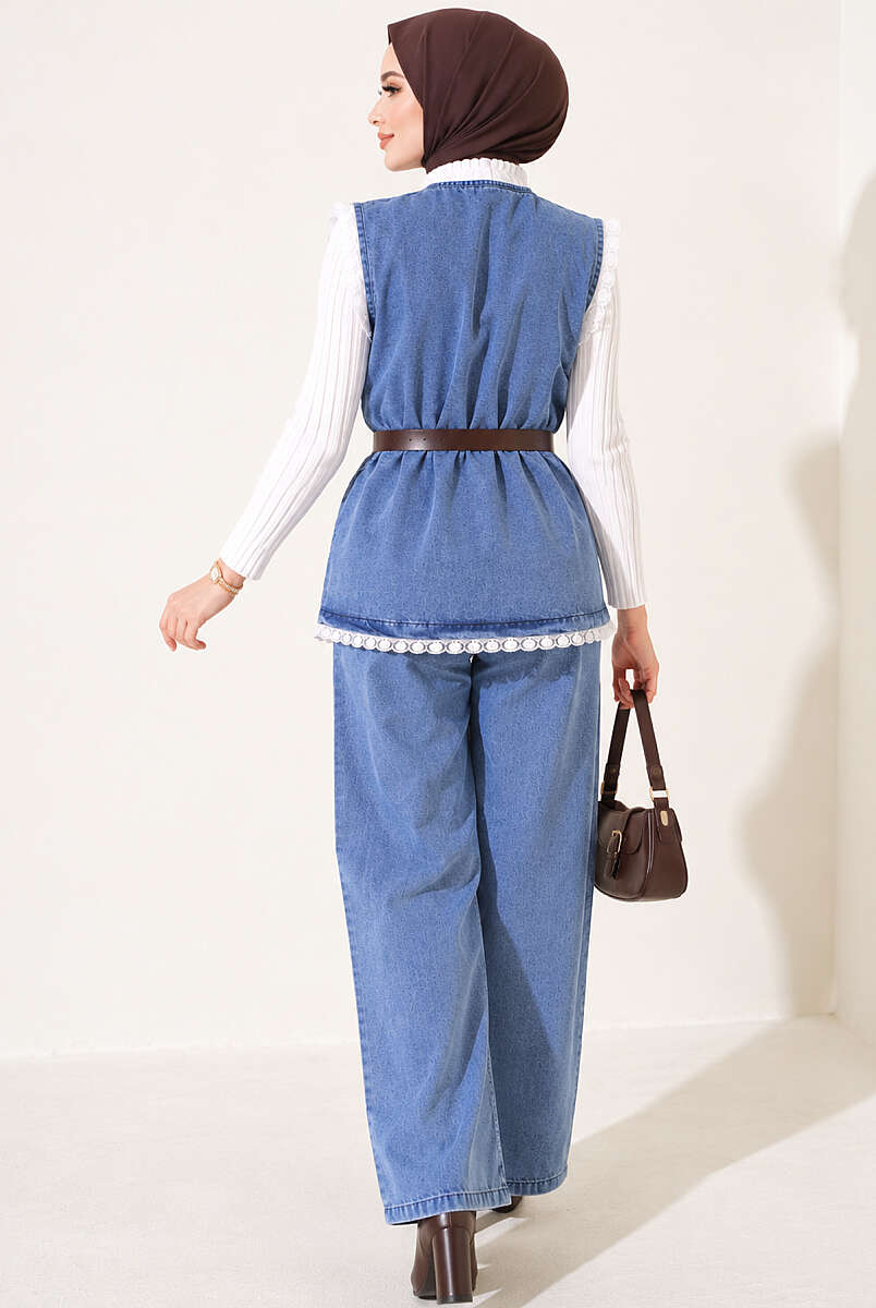 Lace-Trimmed Belted Denim Two-Piece Set Denim Blue – Image 4