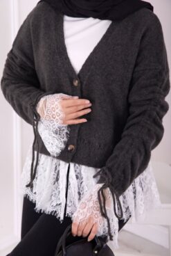 Alternative view of Lace-Detailled Sleeve Tied Knit Cardigan Anthracite