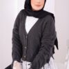 Lace-Detailled Sleeve Tied Knit Cardigan Anthracite