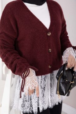 Alternative view of Lace-Detailled Sleeve Tied Knit Cardigan Burgundy