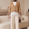 Lace-Detailled Sleeve Tied Knit Cardigan Red