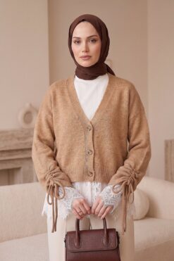 Alternative view of Lace-Detailled Sleeve Tied Knit Cardigan Camel