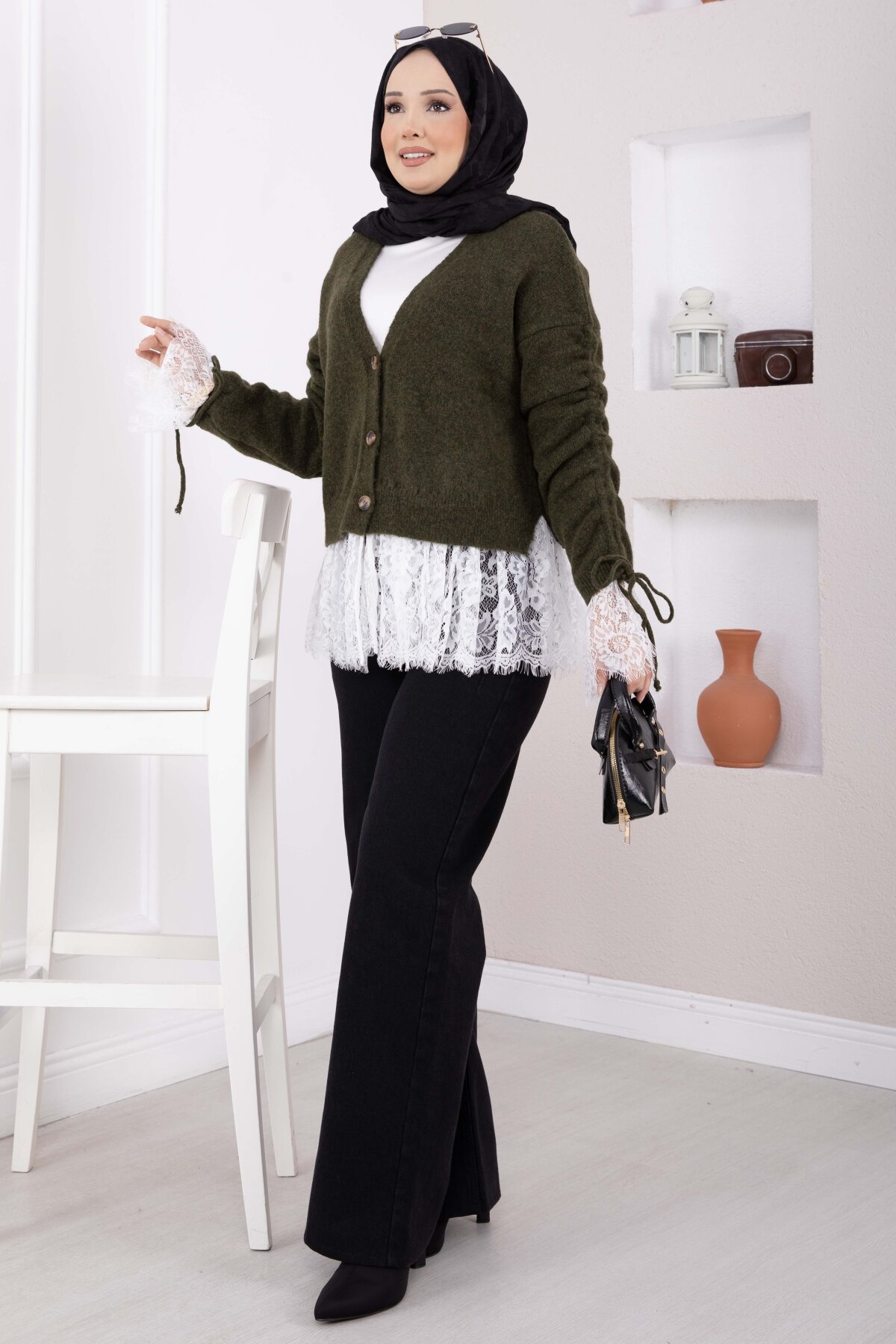 Lace-Detailled Sleeve Tied Knit Cardigan Khaki - الصورة 3