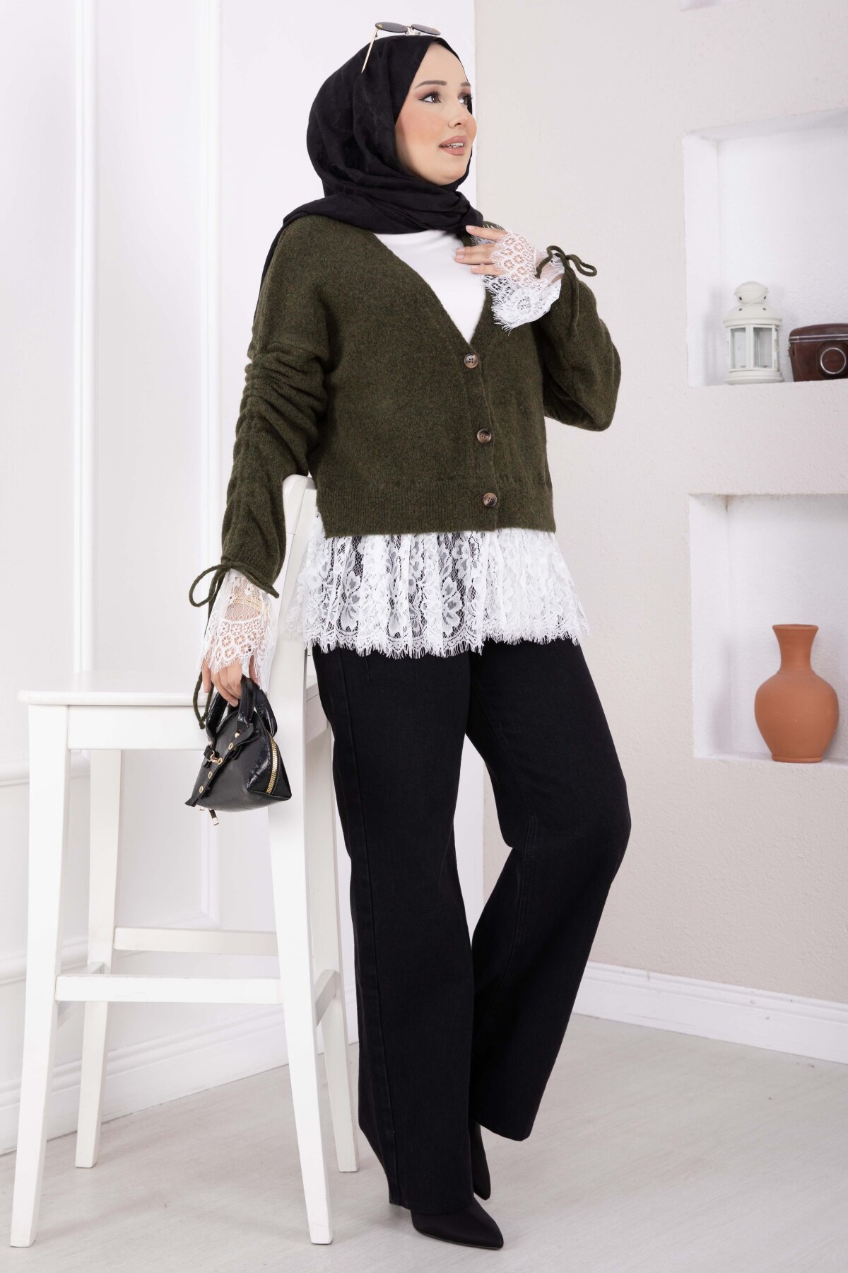 Lace-Detailled Sleeve Tied Knit Cardigan Khaki - الصورة 4