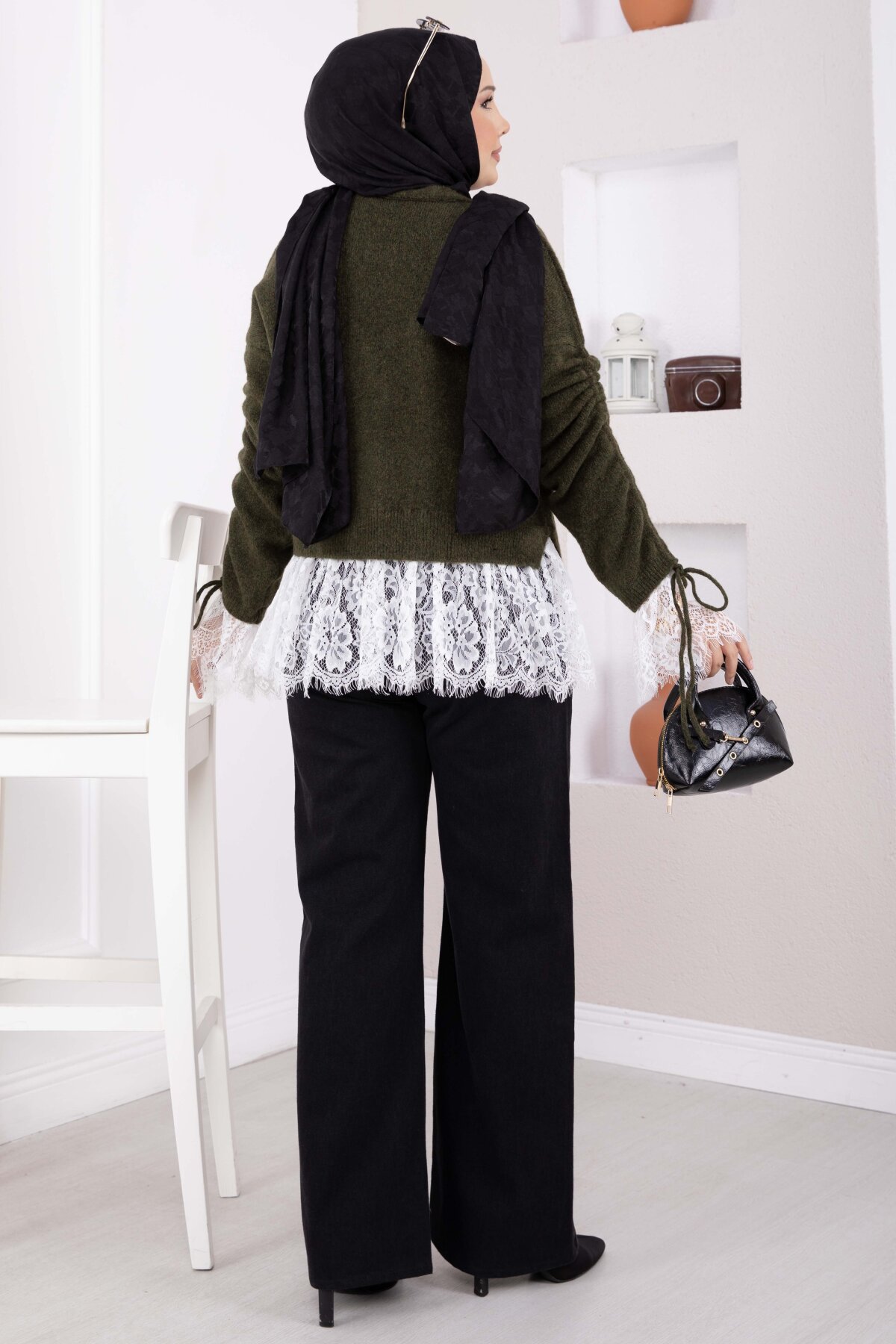 Lace-Detailled Sleeve Tied Knit Cardigan Khaki - الصورة 5
