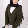 Lace-Detailled Sleeve Tied Knit Cardigan Khaki