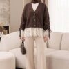 Lace-Detailled Sleeve Tied Knit Cardigan Brown