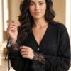 Lace-Detailled Sleeve Tied Knit Cardigan Black - Imagen 2