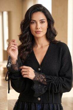 Alternative view of Lace-Detailled Sleeve Tied Knit Cardigan Black