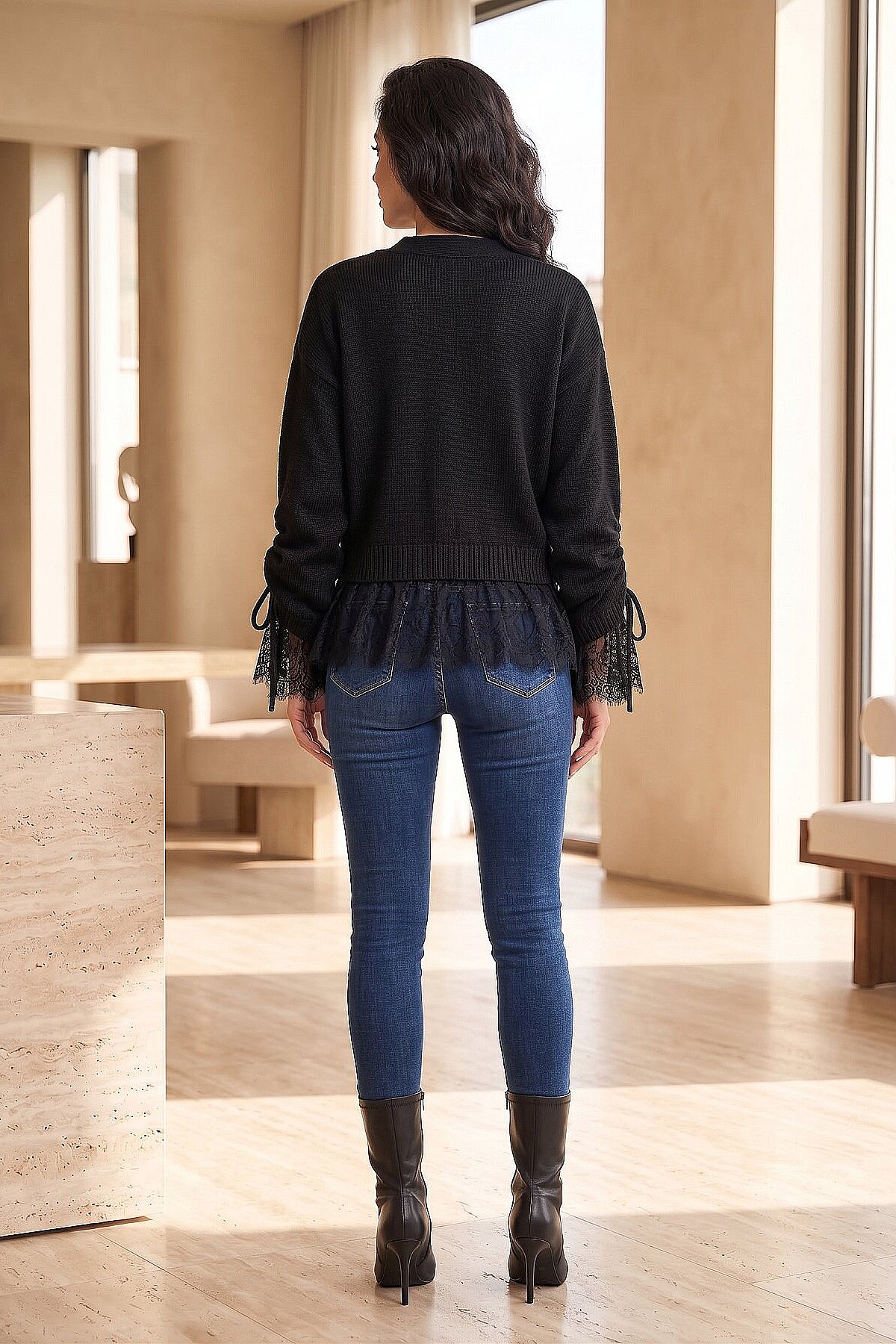 Lace-Detailled Sleeve Tied Knit Cardigan Black - Imagen 3