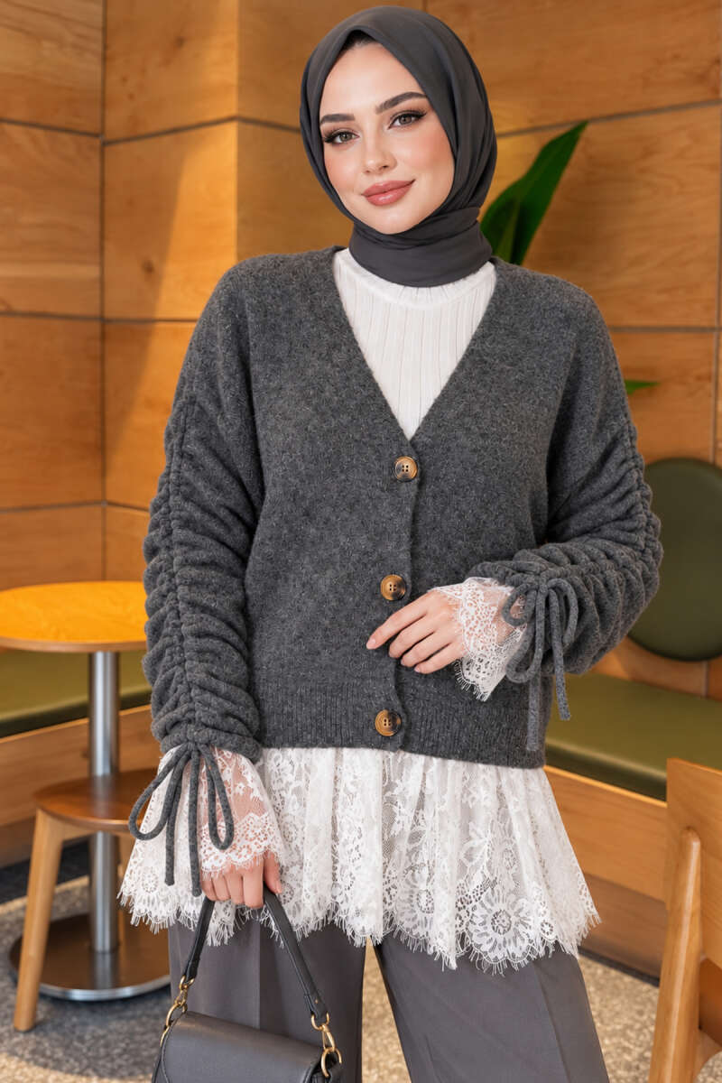 Lace-Trimmed Sleeve Gathered Knit Cardigan Anthracite