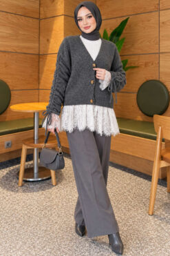 Alternative view of Lace-Trimmed Sleeve Gathered Knit Cardigan Anthracite
