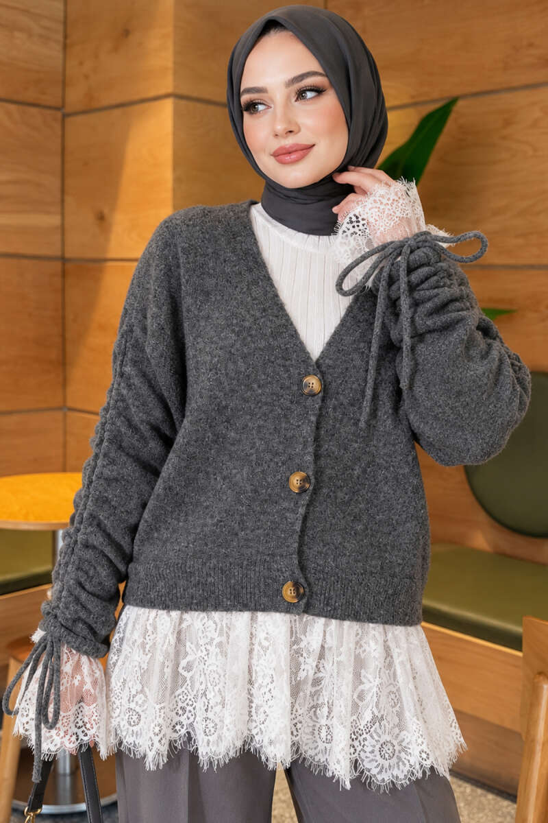 Lace-Trimmed Sleeve Gathered Knit Cardigan Anthracite – Image 3