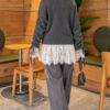 Lace-Trimmed Sleeve Gathered Knit Cardigan Anthracite – Image 4