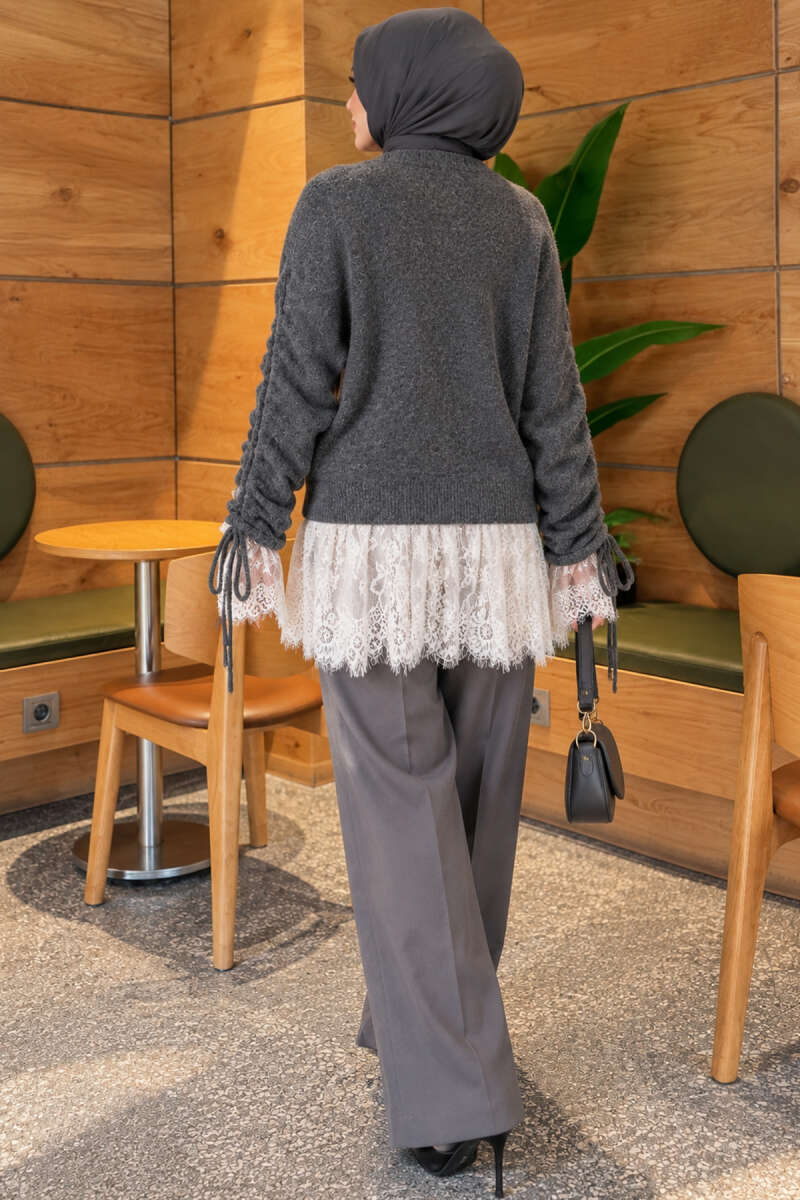 Lace-Trimmed Sleeve Gathered Knit Cardigan Anthracite – Image 4