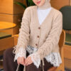 Lace-Trimmed Sleeve Gathered Knit Cardigan Beige