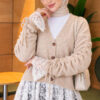 Lace-Trimmed Sleeve Gathered Knit Cardigan Beige - Afbeelding 3