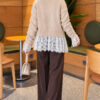 Lace-Trimmed Sleeve Gathered Knit Cardigan Beige - Afbeelding 4