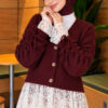 Lace-Trimmed Sleeve Gathered Knit Cardigan Burgundy