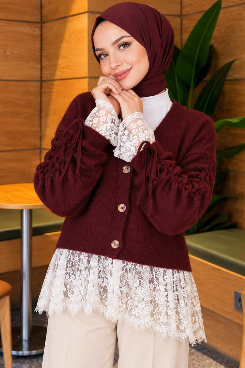 Lace-Trimmed Sleeve Gathered Knit Cardigan Burgundy
