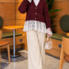 Lace-Trimmed Sleeve Gathered Knit Cardigan Burgundy – Bild 2