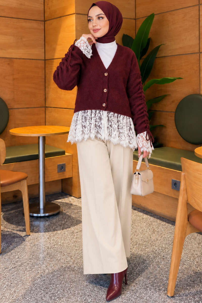 Lace-Trimmed Sleeve Gathered Knit Cardigan Burgundy – Bild 2