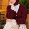 Lace-Trimmed Sleeve Gathered Knit Cardigan Burgundy – Bild 3