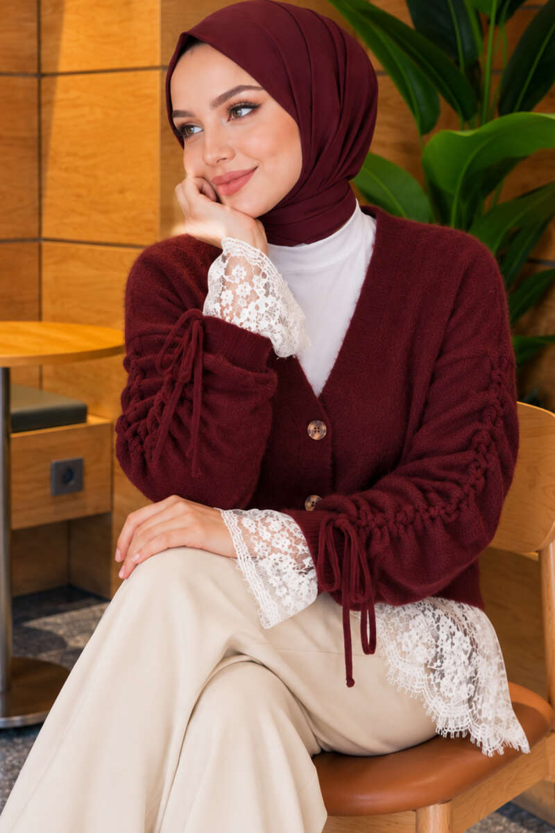 Lace-Trimmed Sleeve Gathered Knit Cardigan Burgundy – Bild 3
