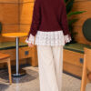 Lace-Trimmed Sleeve Gathered Knit Cardigan Burgundy – Bild 4