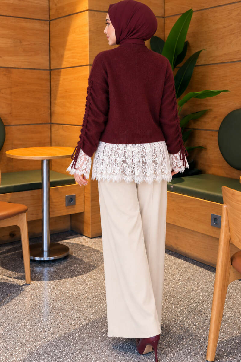 Lace-Trimmed Sleeve Gathered Knit Cardigan Burgundy – Bild 4
