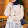 Lace-Trimmed Sleeve Gathered Knit Cardigan Ecru