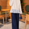 Lace-Trimmed Sleeve Gathered Knit Cardigan Ecru – Bild 4