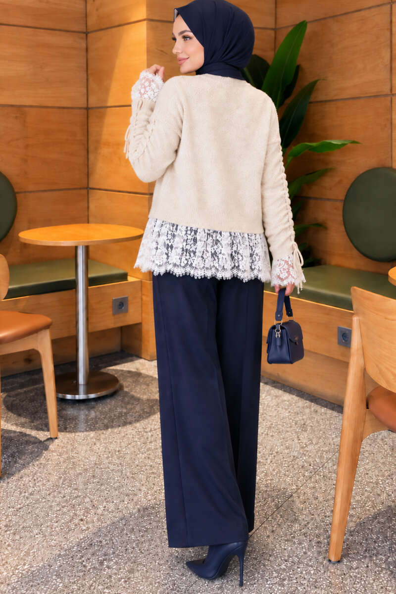 Lace-Trimmed Sleeve Gathered Knit Cardigan Ecru – Bild 4