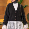 Lace-Trimmed Sleeve Gathered Knit Cardigan Smoke