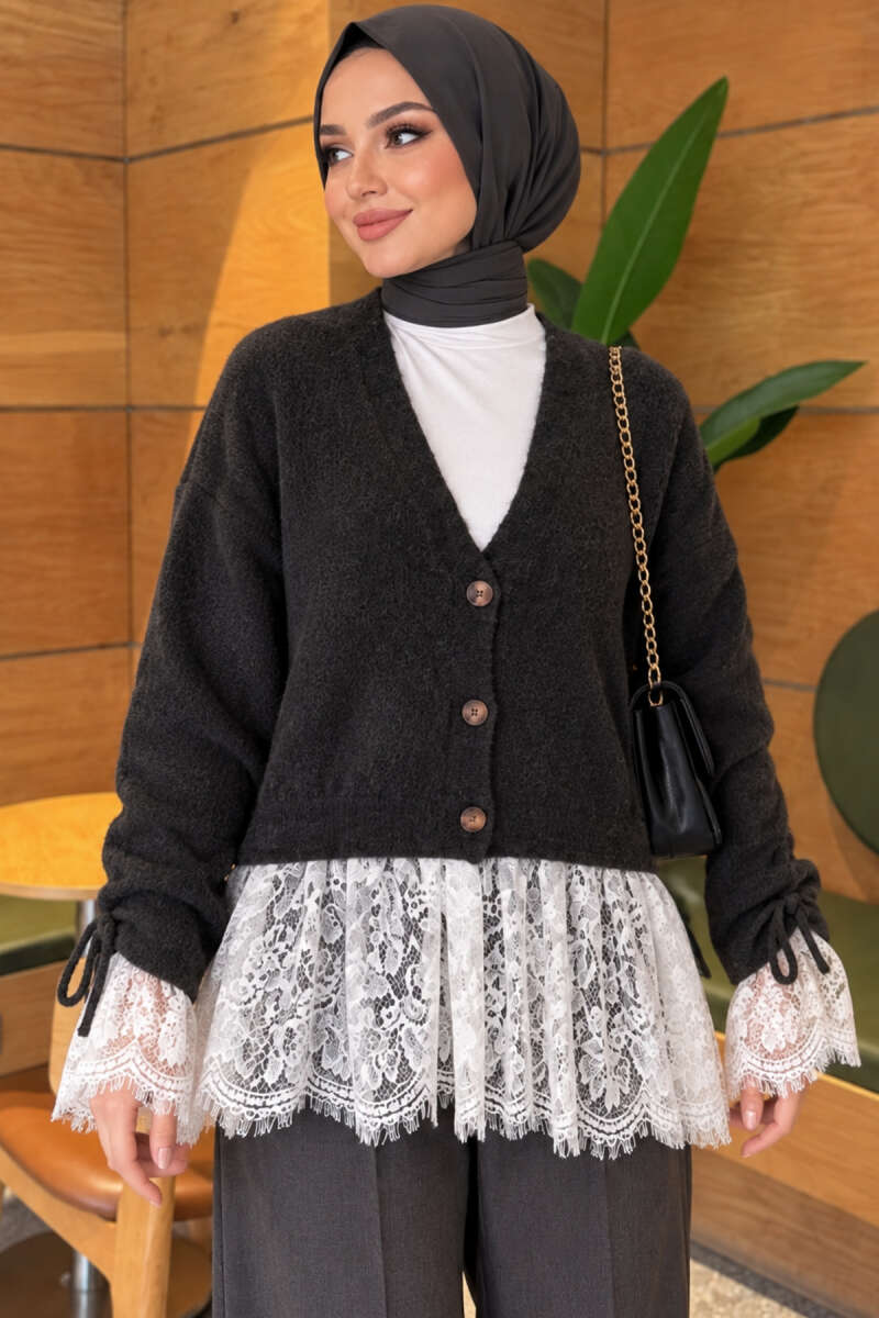 Lace-Trimmed Sleeve Gathered Knit Cardigan Smoke