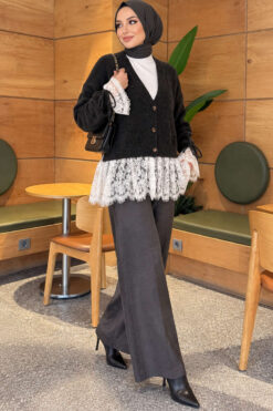 Alternative view of Lace-Trimmed Sleeve Gathered Knit Cardigan Smoke