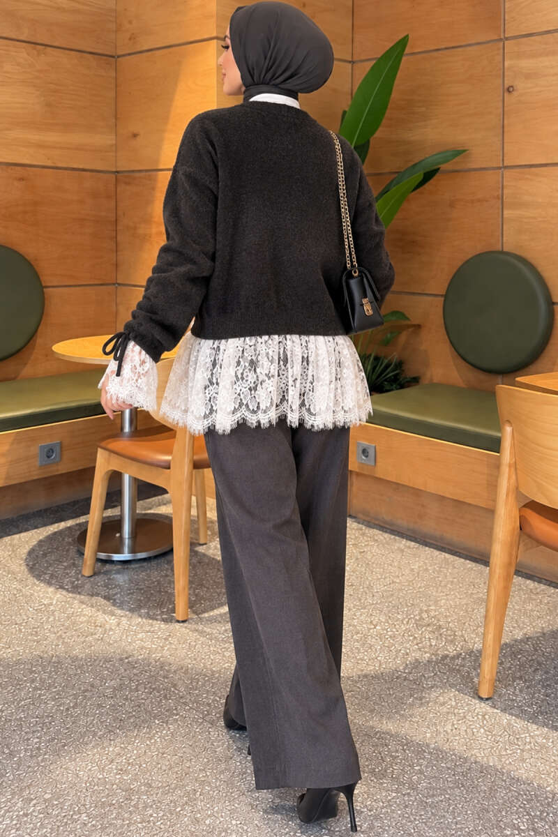 Lace-Trimmed Sleeve Gathered Knit Cardigan Smoke - الصورة 4
