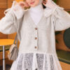 Lace-Trimmed Sleeve Gathered Knit Cardigan Grey