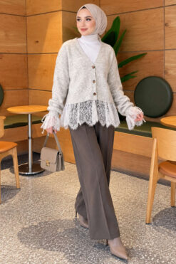 Alternative view of Lace-Trimmed Sleeve Gathered Knit Cardigan Grey