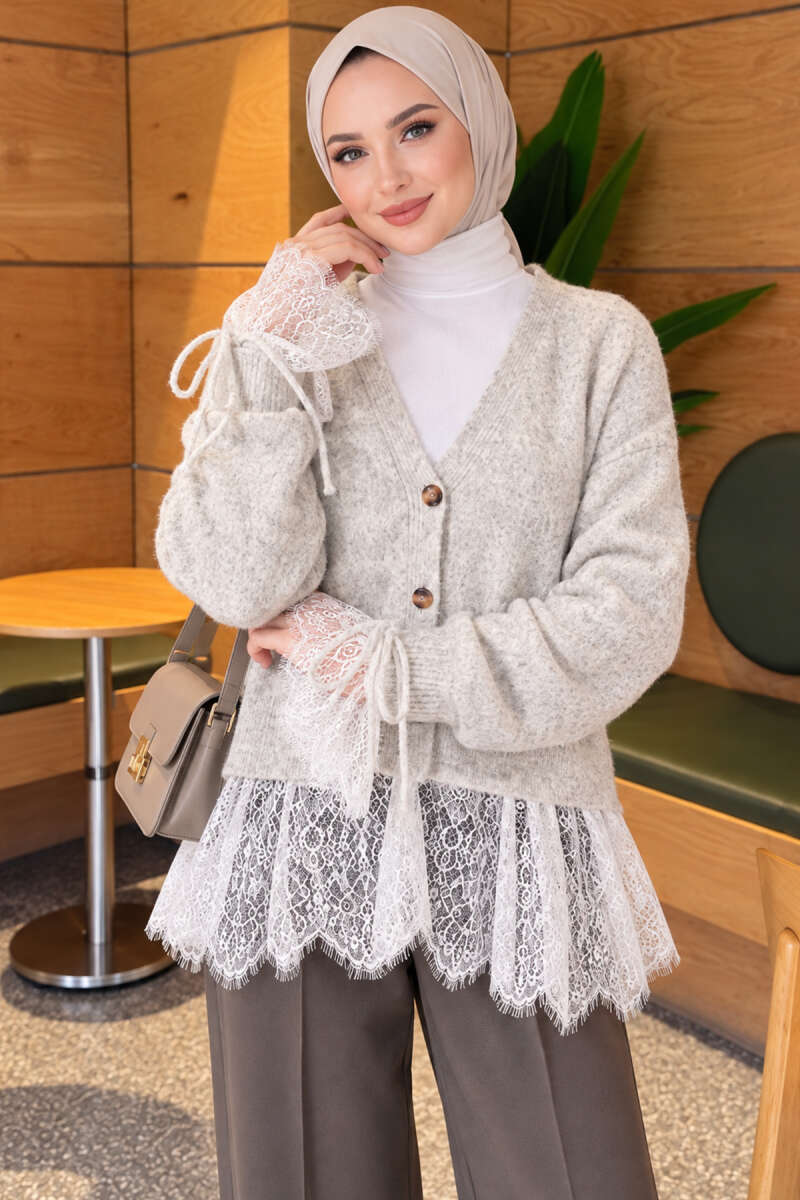 Lace-Trimmed Sleeve Gathered Knit Cardigan Grey – Bild 3