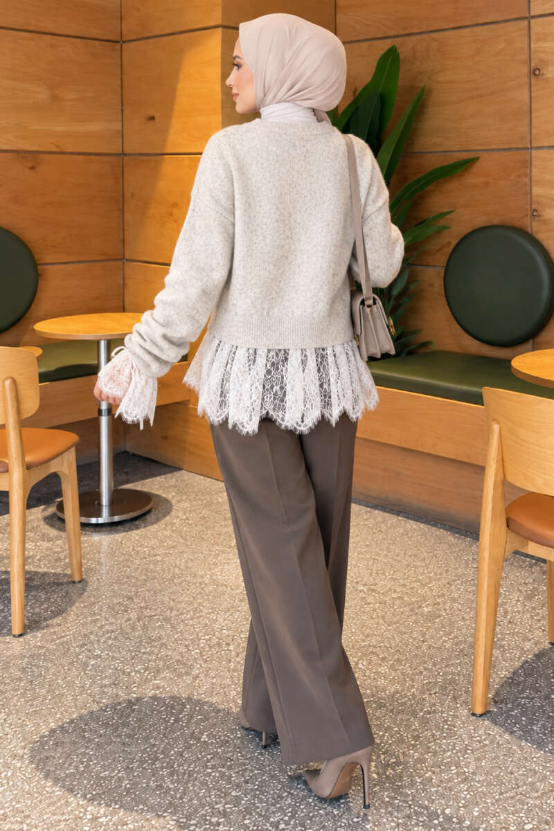 Lace-Trimmed Sleeve Gathered Knit Cardigan Grey – Bild 4