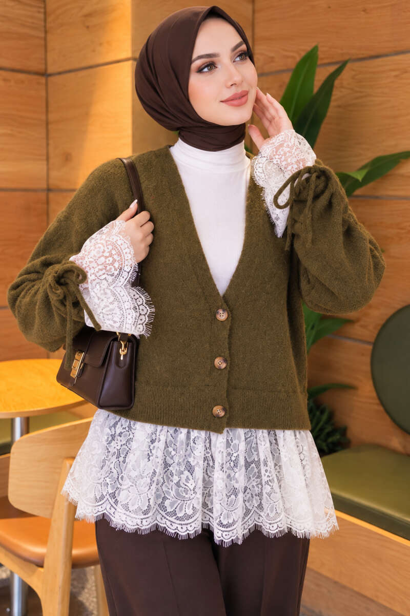 Lace-Trimmed Sleeve Gathered Knit Cardigan Khaki