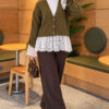 Lace-Trimmed Sleeve Gathered Knit Cardigan Khaki - immagine 2