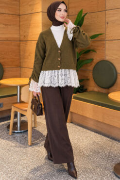 Alternative view of Lace-Trimmed Sleeve Gathered Knit Cardigan Khaki