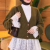Lace-Trimmed Sleeve Gathered Knit Cardigan Khaki - immagine 3