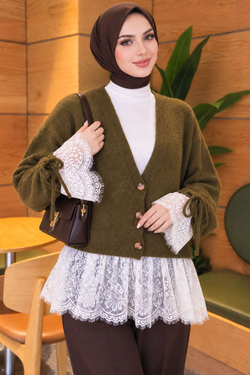 Lace-Trimmed Sleeve Gathered Knit Cardigan Khaki - immagine 3