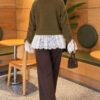 Lace-Trimmed Sleeve Gathered Knit Cardigan Khaki - immagine 4