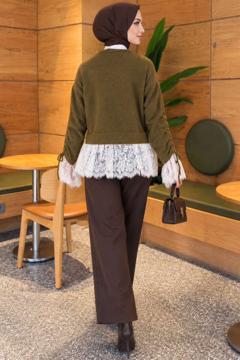 Lace-Trimmed Sleeve Gathered Knit Cardigan Khaki - immagine 4