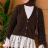 Lace-Trimmed Sleeve Gathered Knit Cardigan Brown