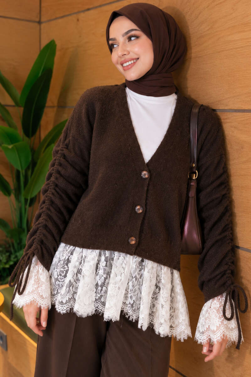 Lace-Trimmed Sleeve Gathered Knit Cardigan Brown